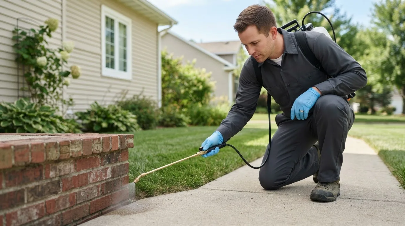 Pest control technician treating a home near North Concord, VT